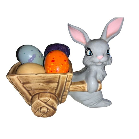 Vintage Ceramic Easter Bunny Pulling Cart  of Eggs - Picture 1 of 12